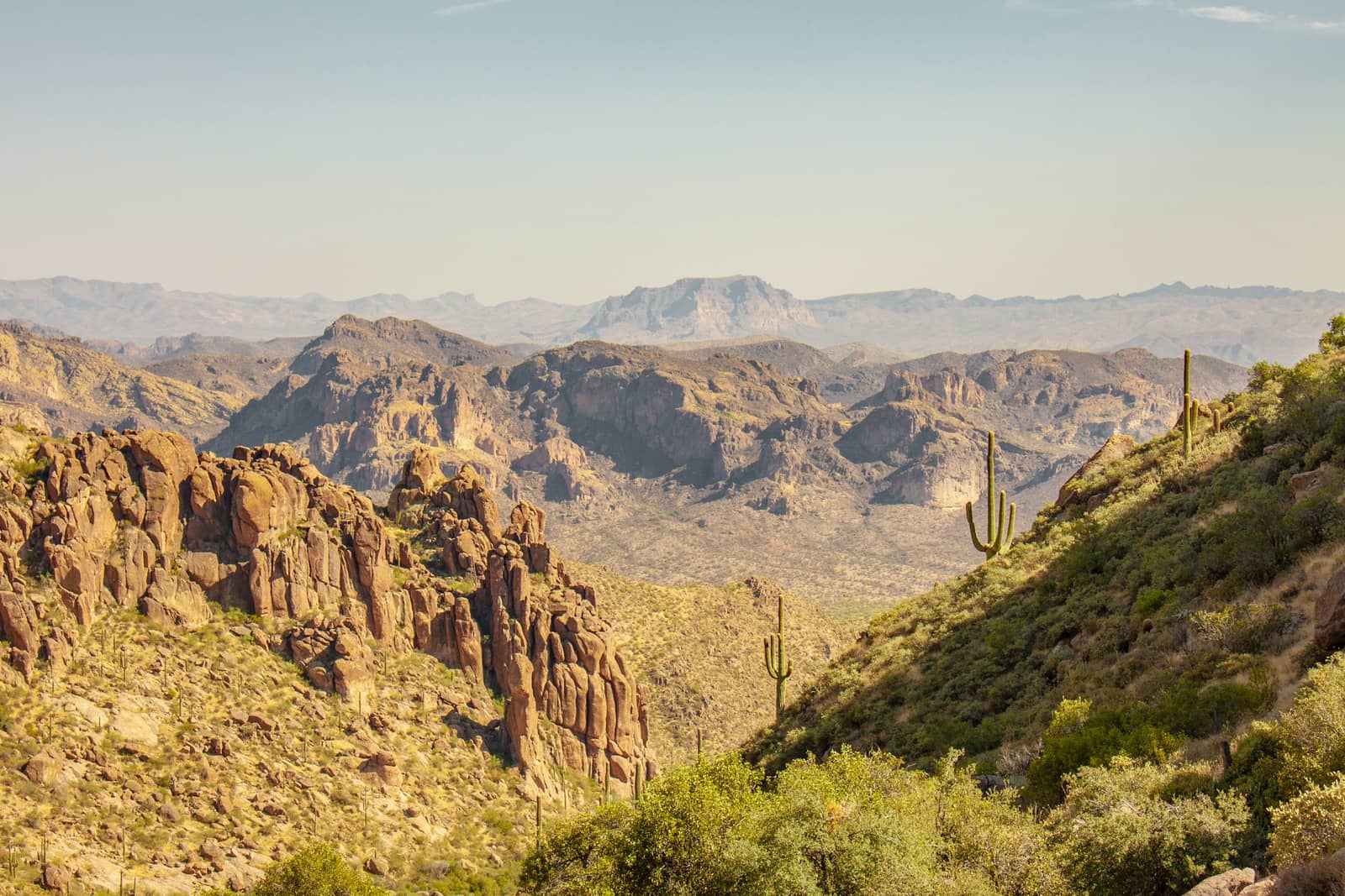 The Superstition Mountains east of Mesa, Arizona, with saguaros on the ridge under a soft desert haze.