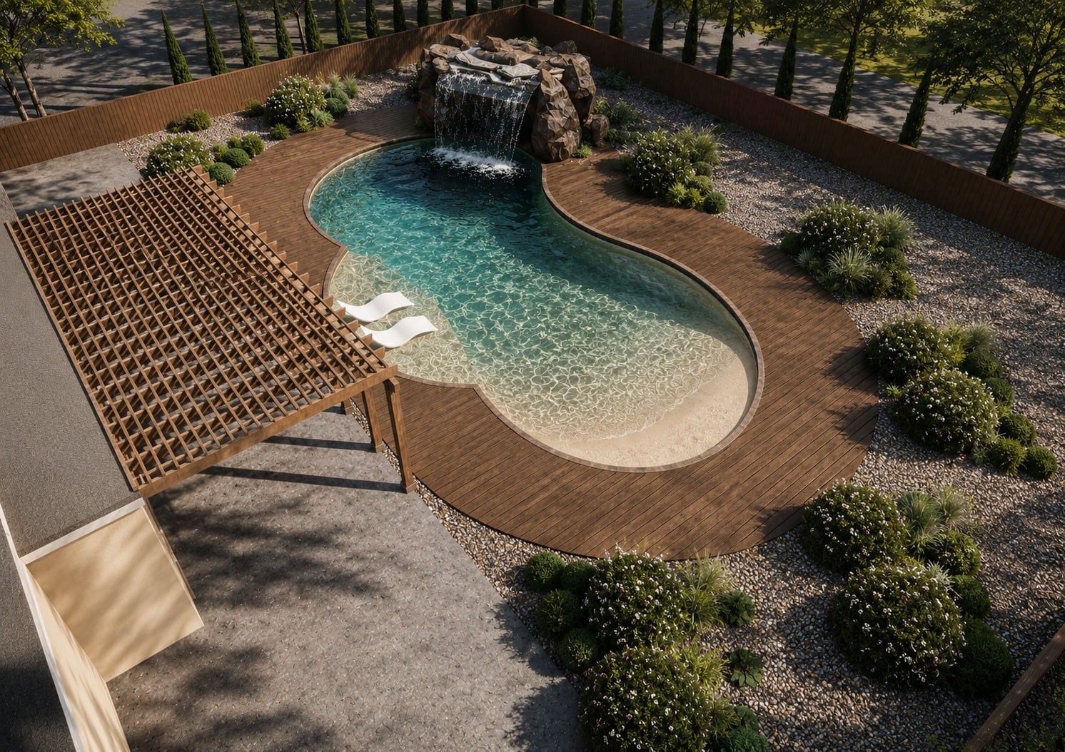 Final design render of a freeform pool with a rock grotto waterfall, tanning shelf, wood deck and pergola, seen from above.