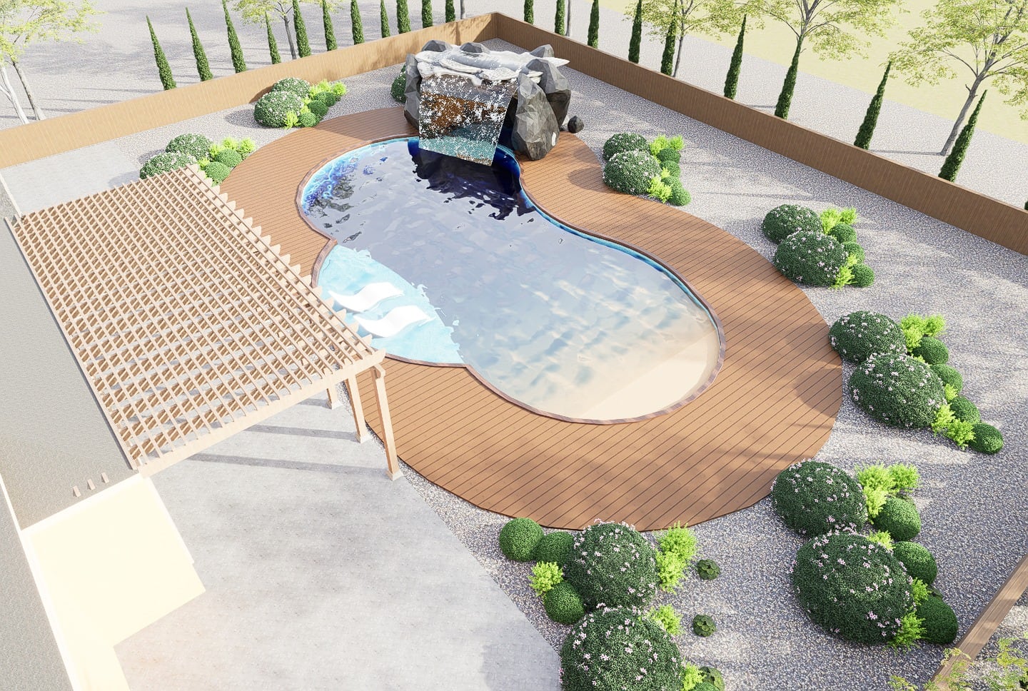 3D model of a freeform pool with a rock grotto waterfall, tanning shelf, wood deck and pergola, seen from above.