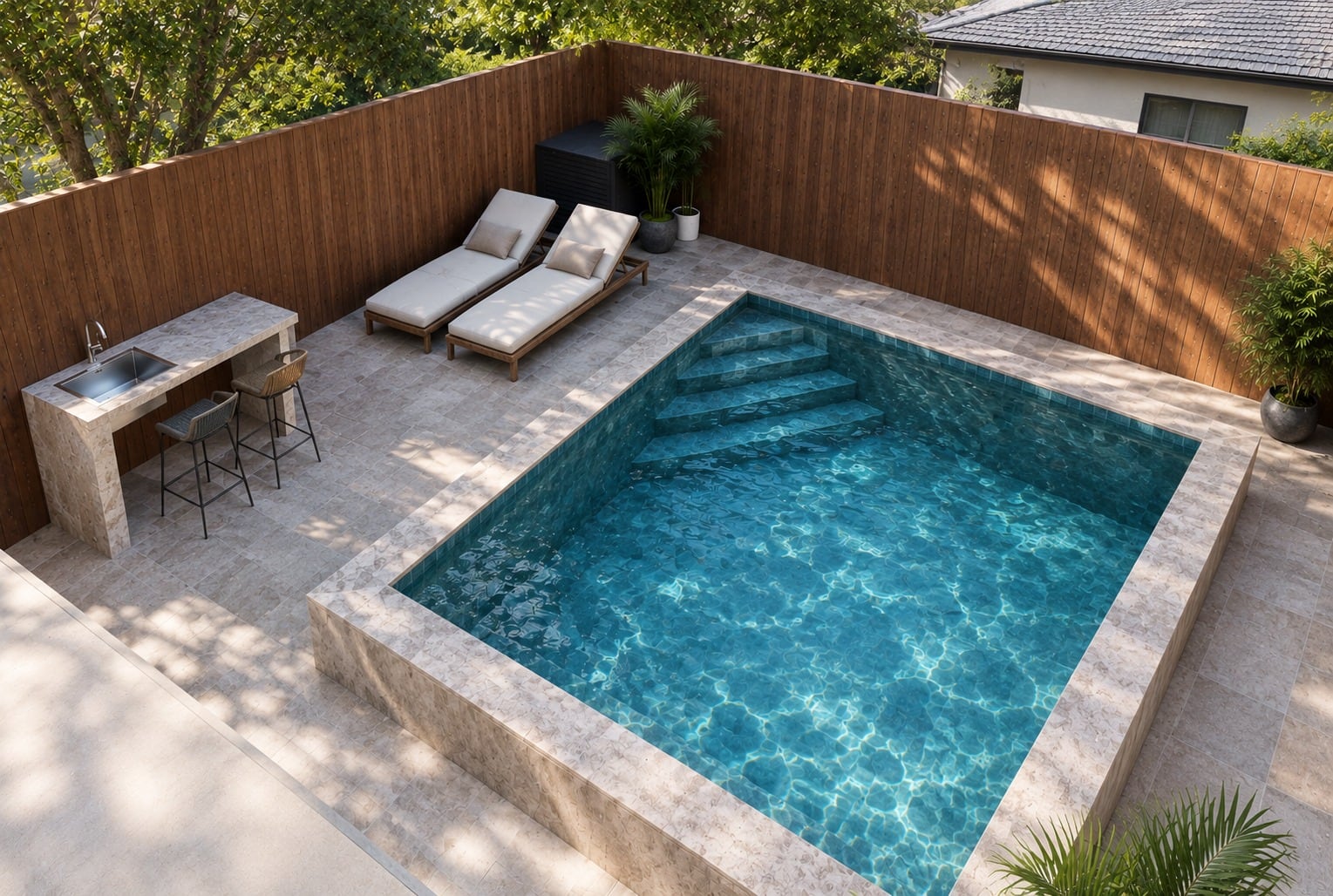 Final design render of a raised plunge pool with travertine coping, loungers and an outdoor bar inside a wood-fenced yard.