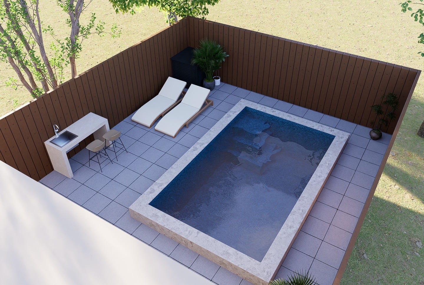 3D model of a raised plunge pool with travertine coping, loungers and an outdoor bar inside a wood-fenced yard.