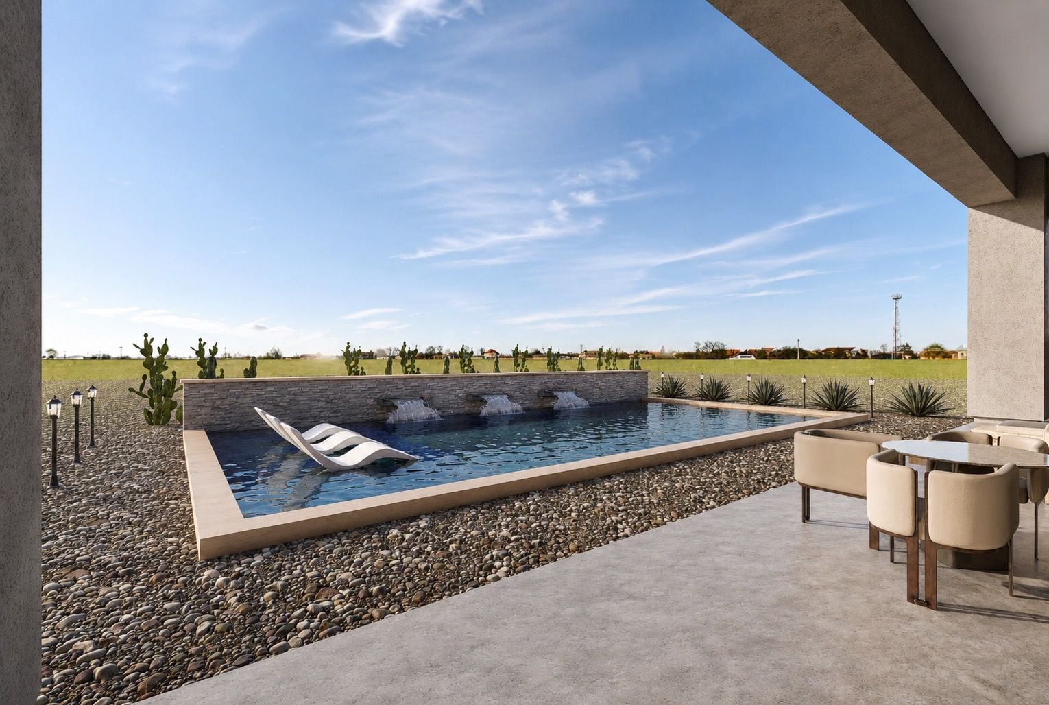 Final design render of a rectangular pool with three sheer-descent falls off a stacked-stone wall, in-pool loungers and a covered patio.