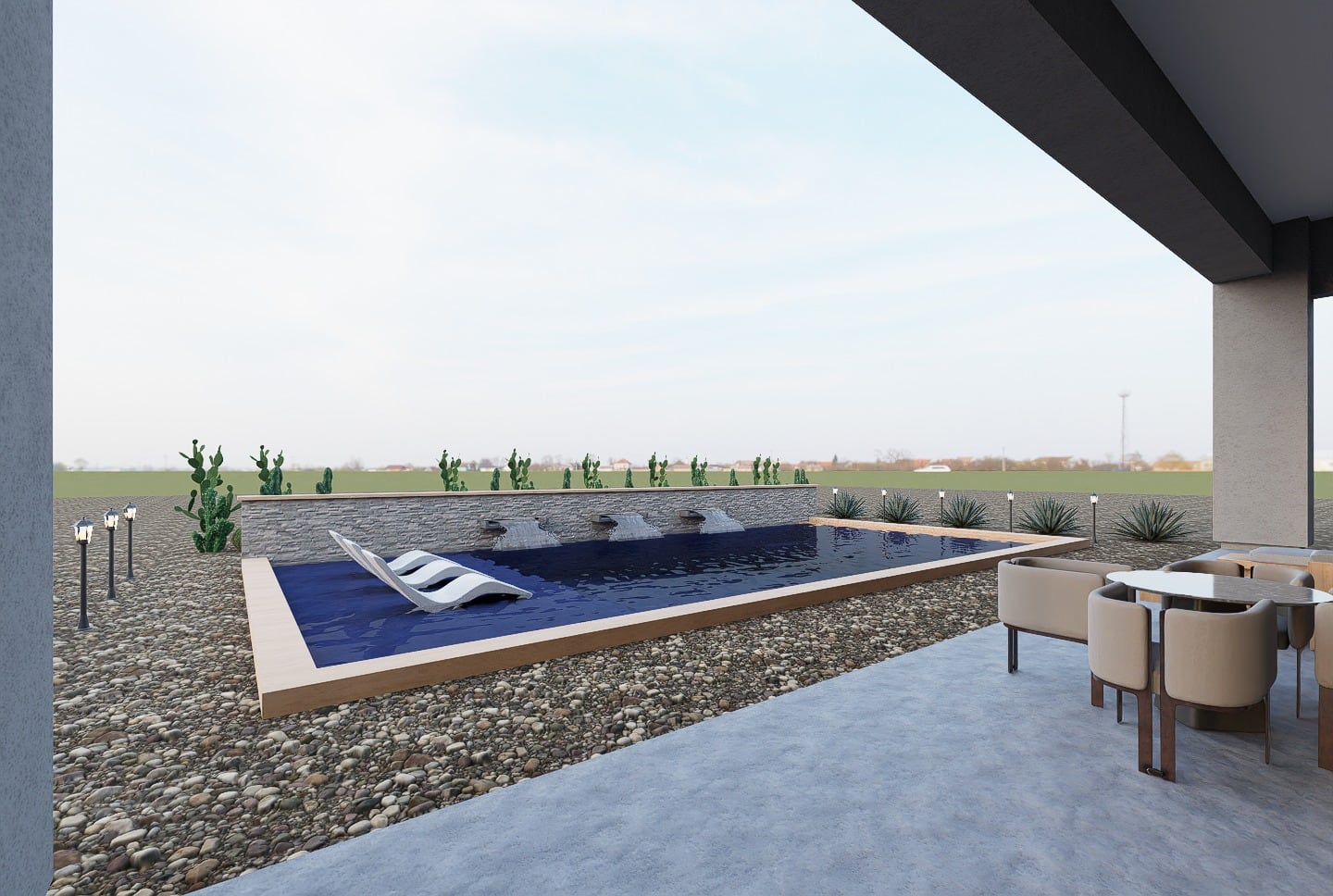 3D model of a rectangular pool with three sheer-descent falls off a stacked-stone wall, in-pool loungers and a covered patio.