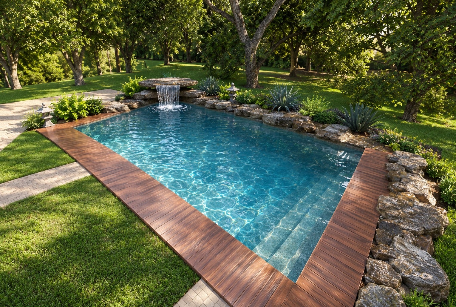Final design render of a rectangular pool with a rock waterfall, wood deck and agave planting, seen from above.