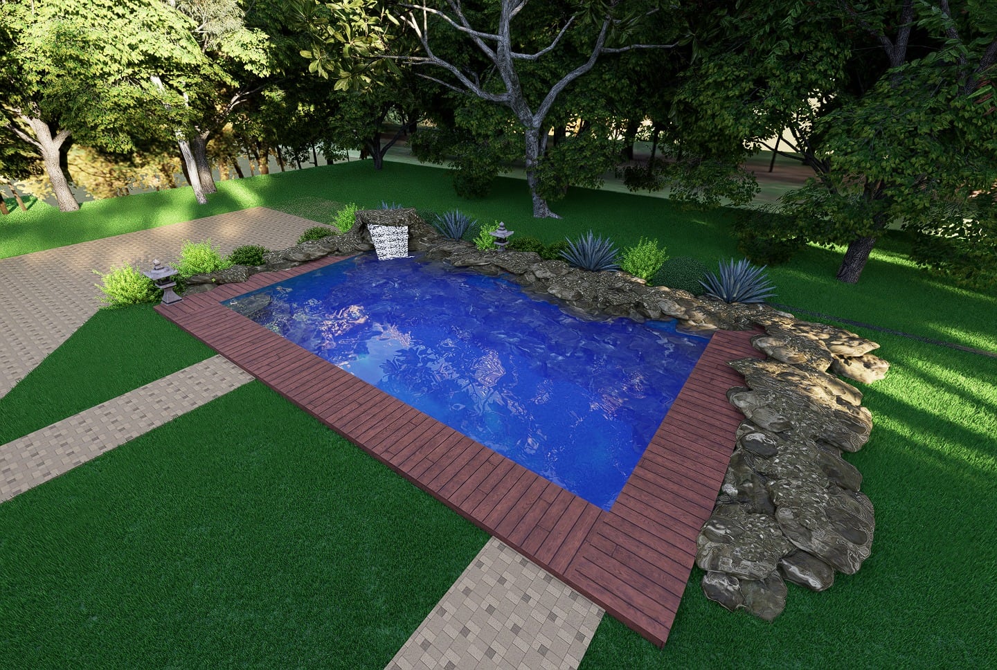 3D model of a rectangular pool with a rock waterfall, wood deck and agave planting, seen from above.