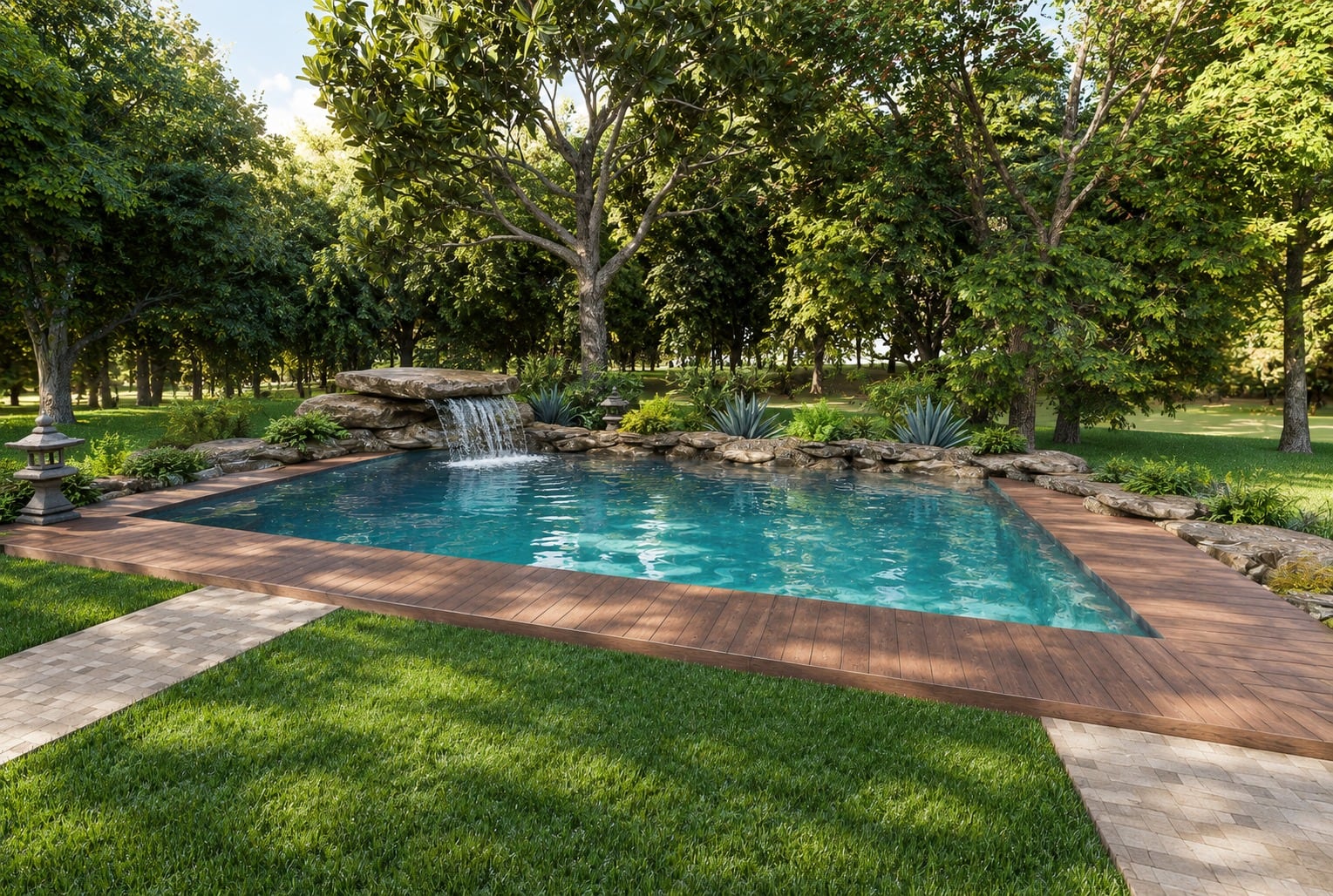 Final design render of a rectangular pool with a stone waterfall and wood deck, seen from the lawn.