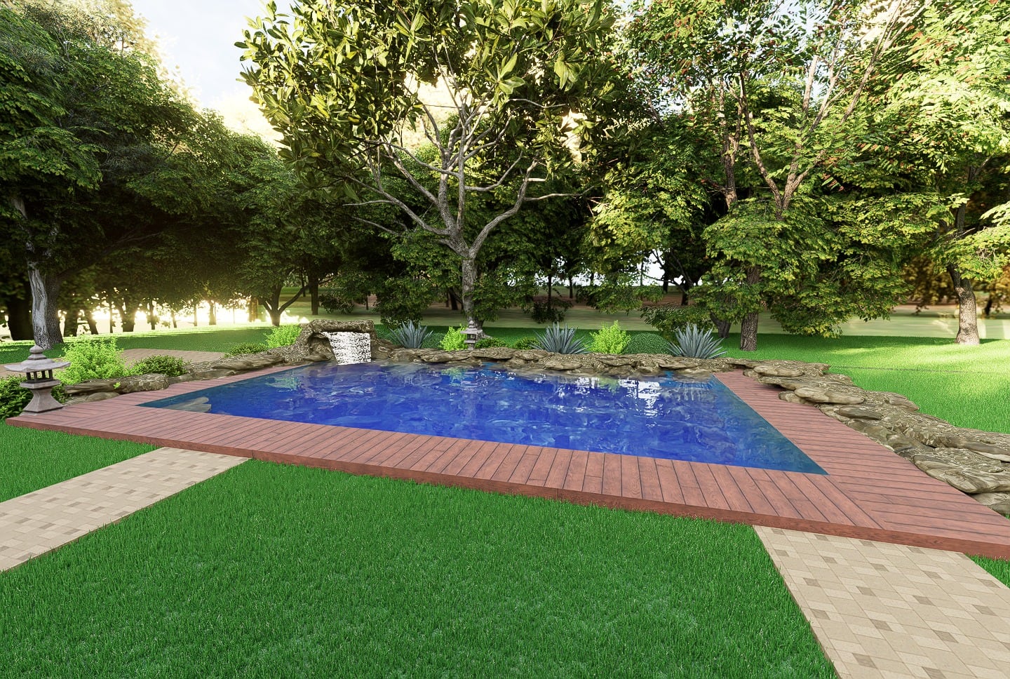 3D model of a rectangular pool with a stone waterfall and wood deck, seen from the lawn.